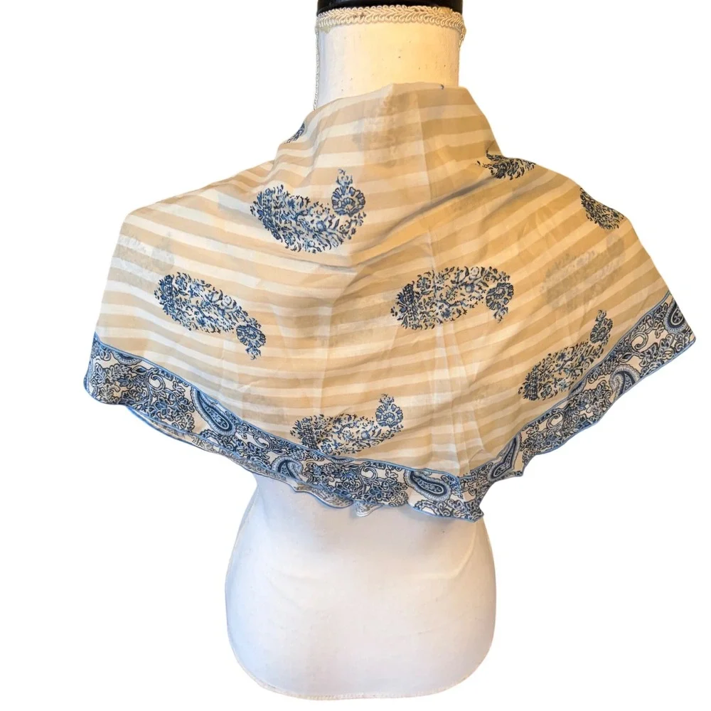 J. Jill Blue White Beige Paisley Striped 100% Cotton Triangle Scarf Tassels Boho